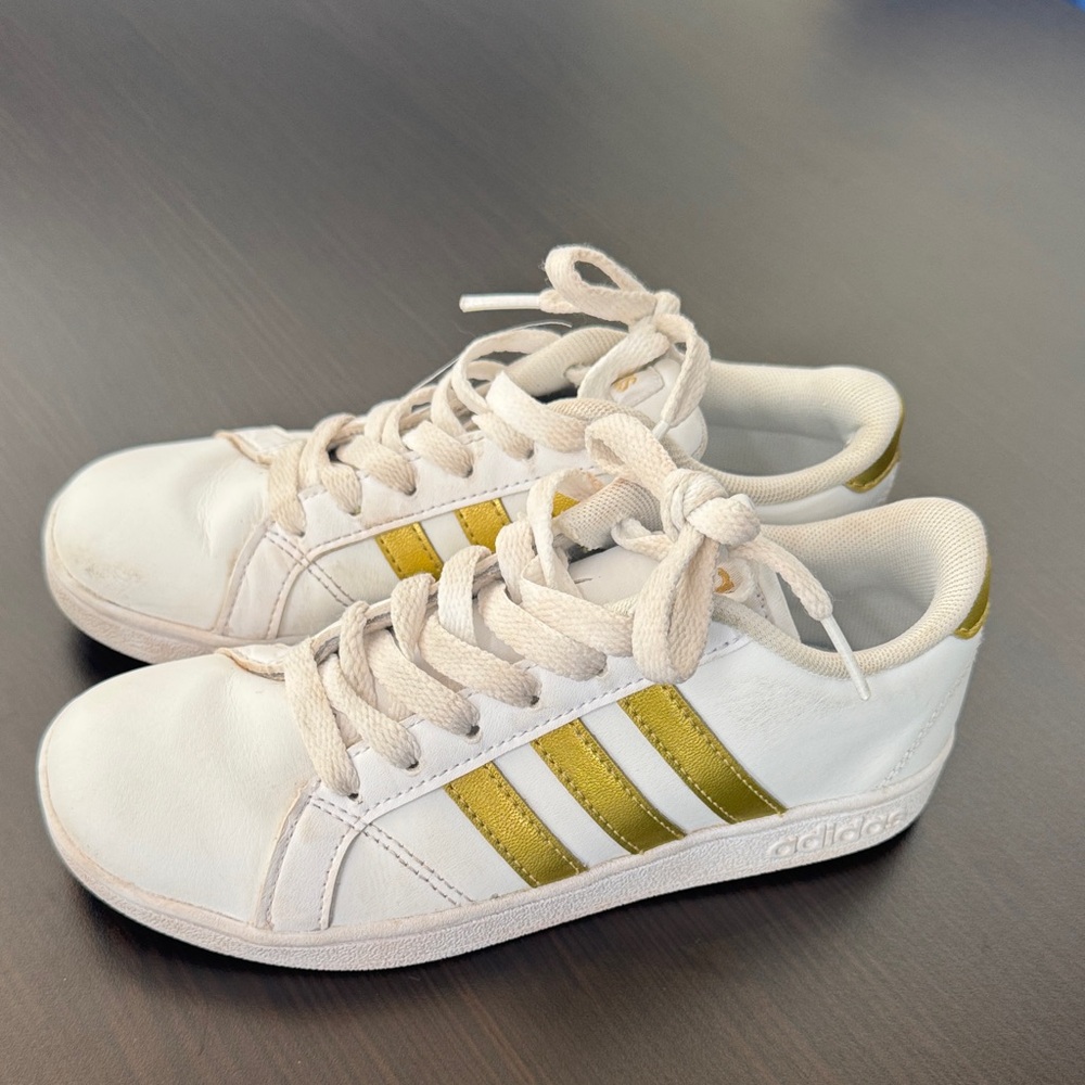 Adidas Classic White and Gold Striped Sneakers